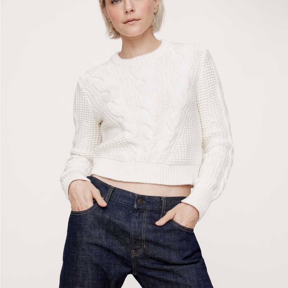 White Crew Neck Cropped Sweater with uniquely Textured Knit by Banana Republic